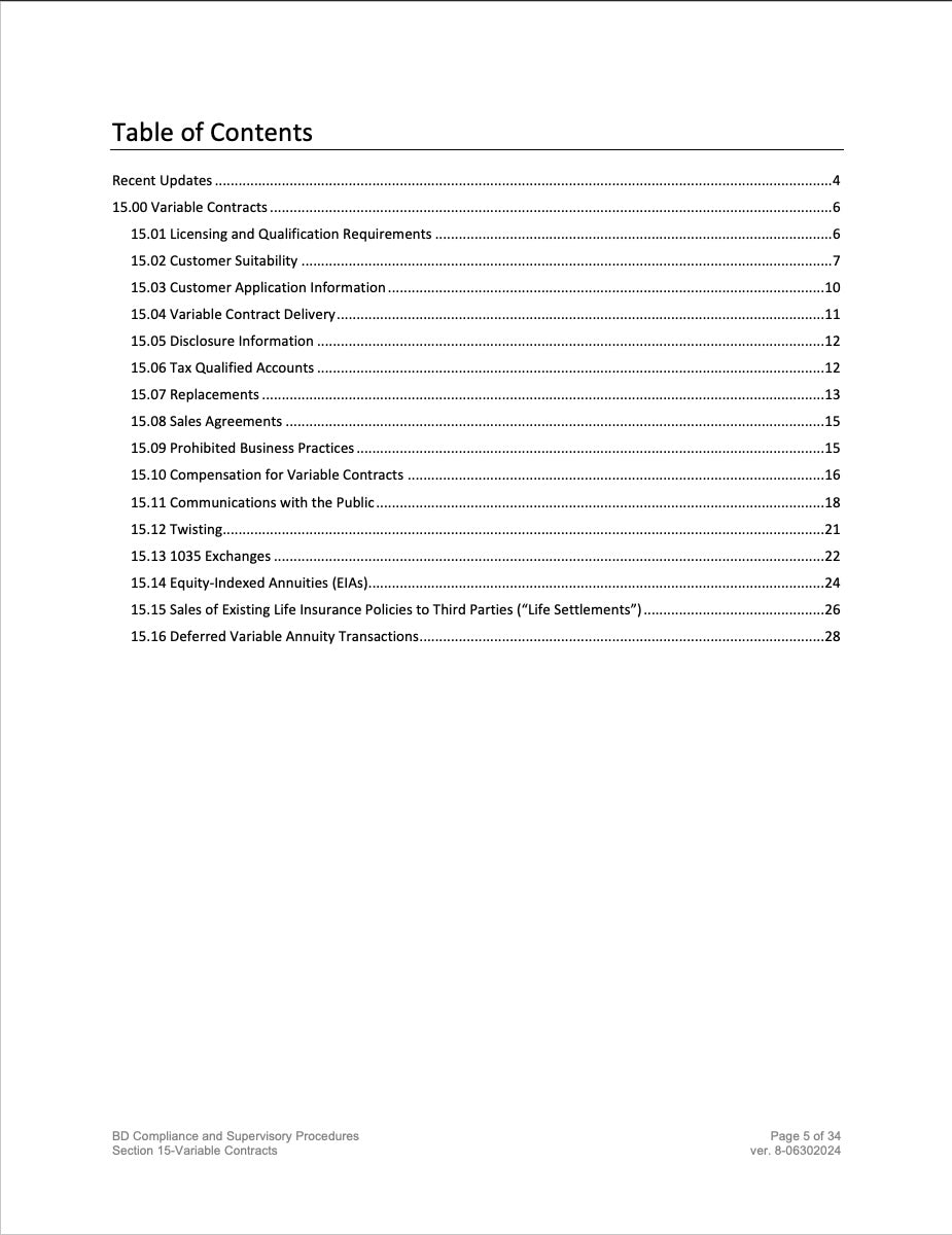 Broker-Dealer Compliance Manual Section 15- Variable Contracts