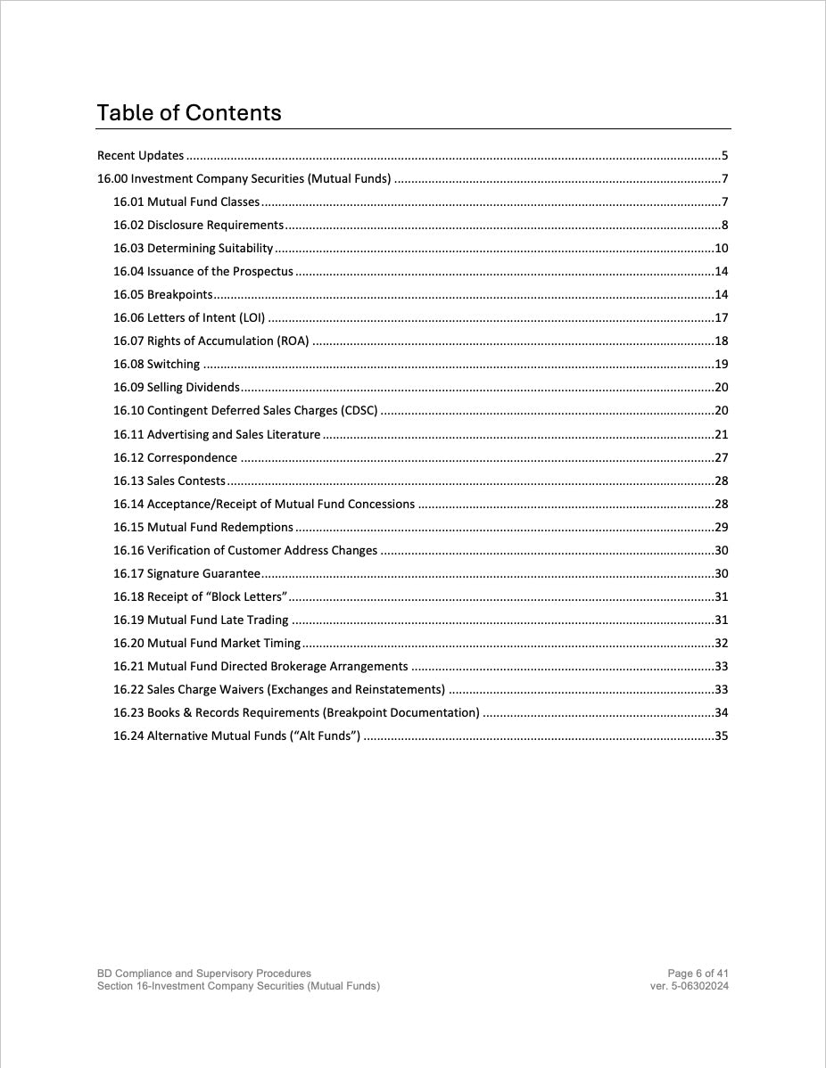 Broker-Dealer Compliance Manual Section 16- Investment Company Securities (Mutual Funds)