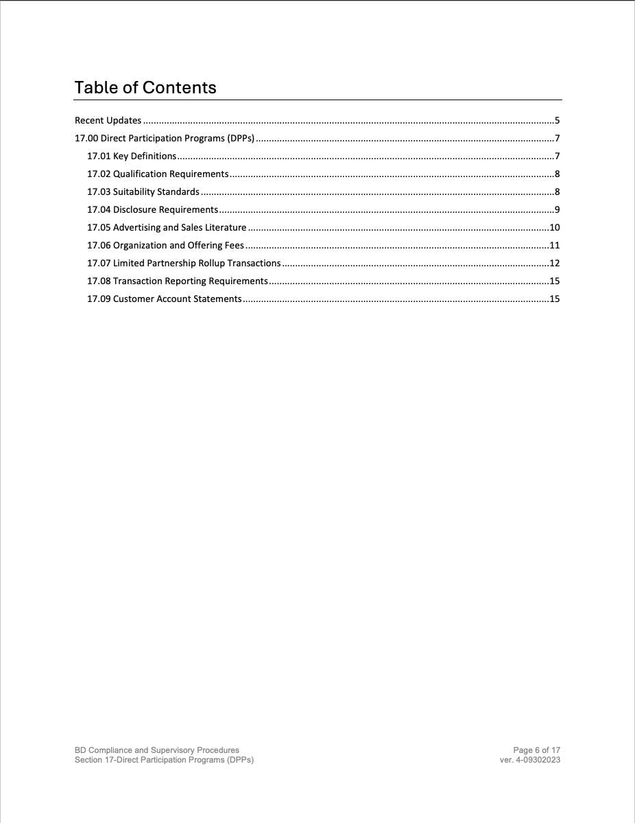 Broker-Dealer Compliance Manual Section 17- Direct Participation Programs (DPPs)