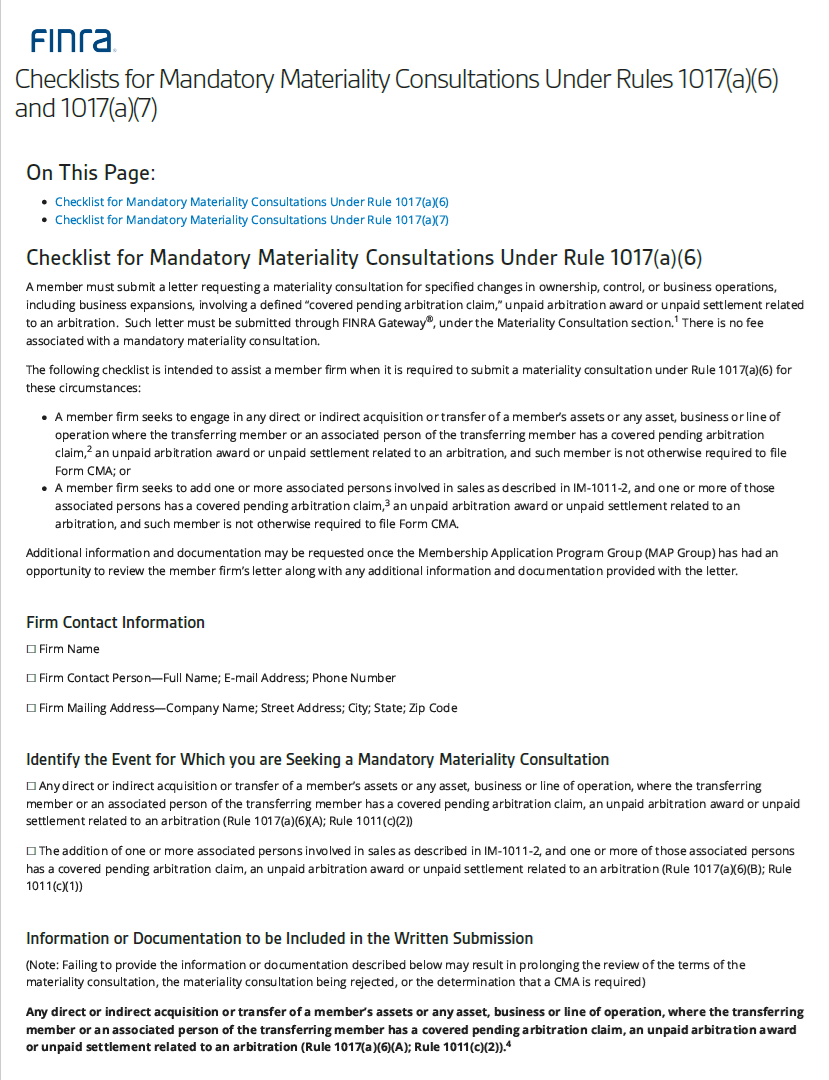 Checklists for Mandatory Materiality Consultations Under Rule 1017(a)(6)&(a)(7)