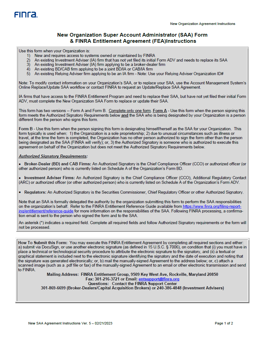 FINRA New Organization Super Account Administrator (SAA) Form & FEA Instructions
