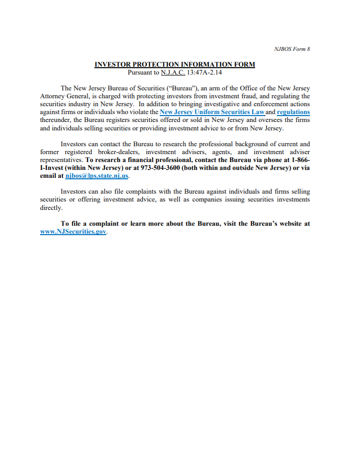 New Jersey Bureau of Securities Investor Protection Information Form-8