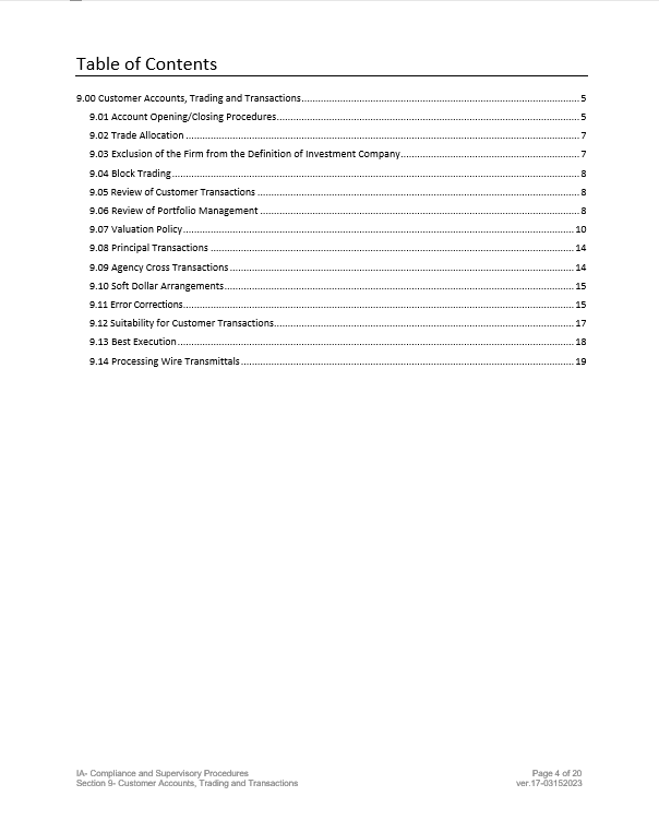 SEC Registered Investment Adviser Compliance Manual- Customer Accts. & Trans.