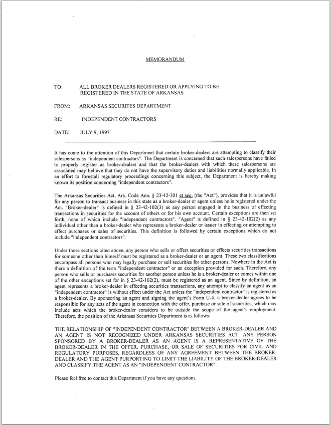 BD- Arkansas Broker-Dealer Independent Contractor Acknowledgement