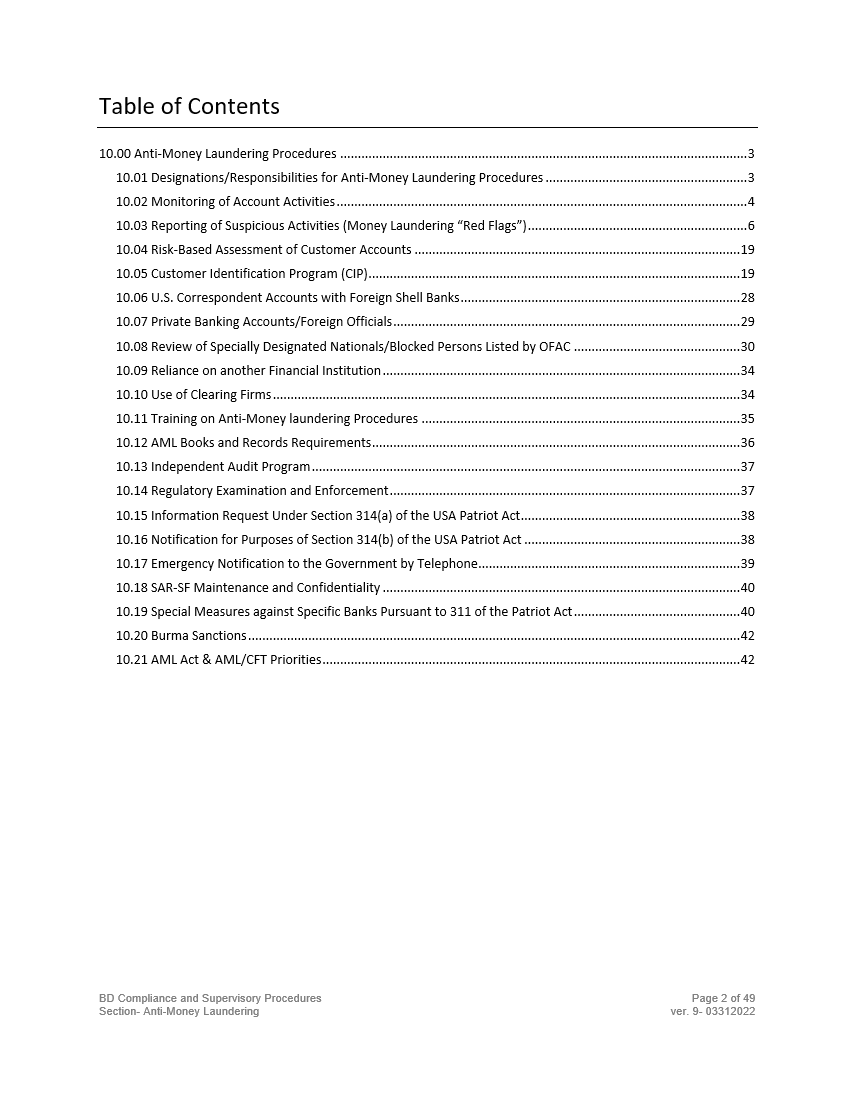 Broker-Dealer Written Supervisory Procedures- Anti-Money Laundering