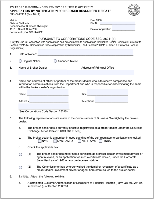 BD- California Application by Notification for Broker-Dealer Certificate Form