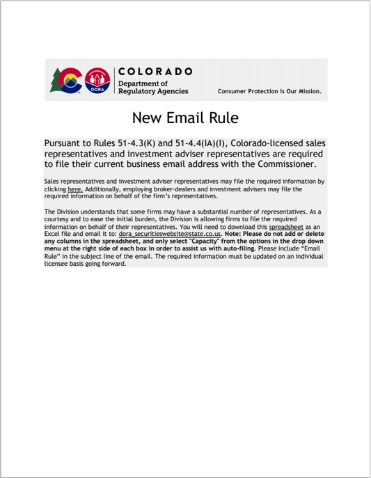 BD- Colorado Broker-Dealer Agent Email Registration Rule