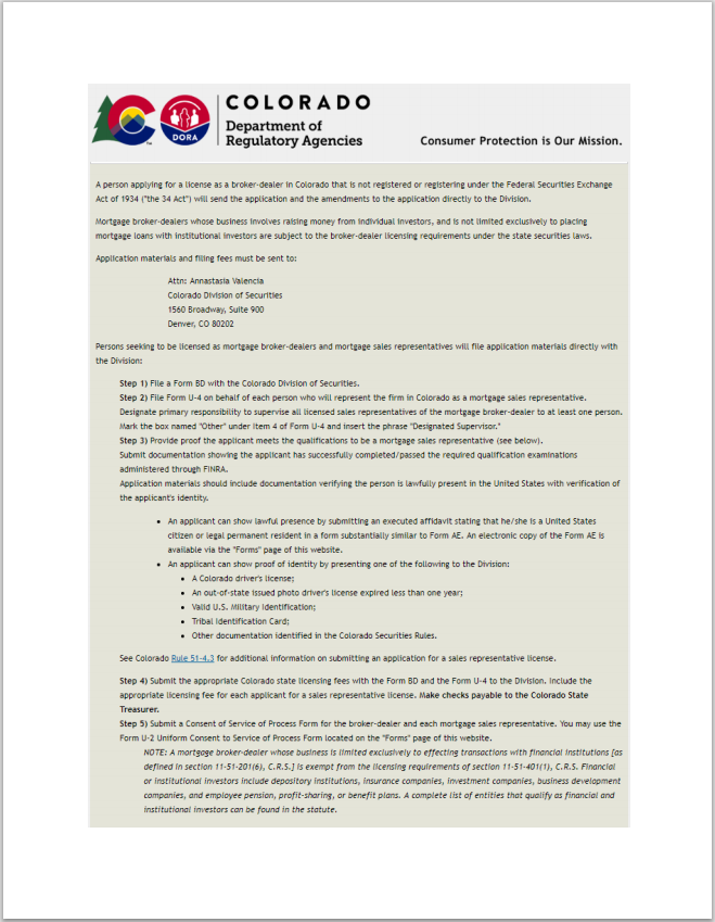 BD- Colorado Non- FINRA Broker-Dealer and Broker-Dealer Agent Registration Requirements