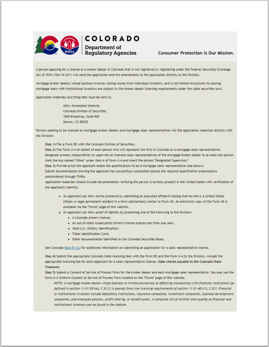 BD- Colorado Non- FINRA Broker-Dealer and Broker-Dealer Agent Registration Requirements