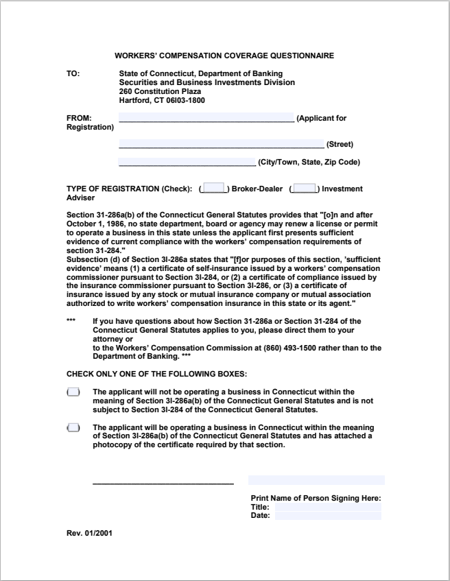 BD- Connecticut Broker-Dealer Workers’ Compensation Coverage Questionnaire