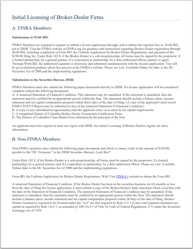 BD- District of Columbia Broker-Dealer Firm Initial and Renewal Registration Requirements