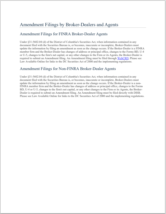 BD- District of Columbia Broker-Dealer Firm and Agent Amendment Filings Requirements
