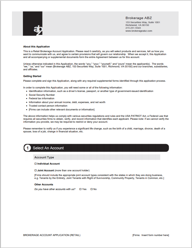 BD- FINRA New Account Application Template Word Version Short Form