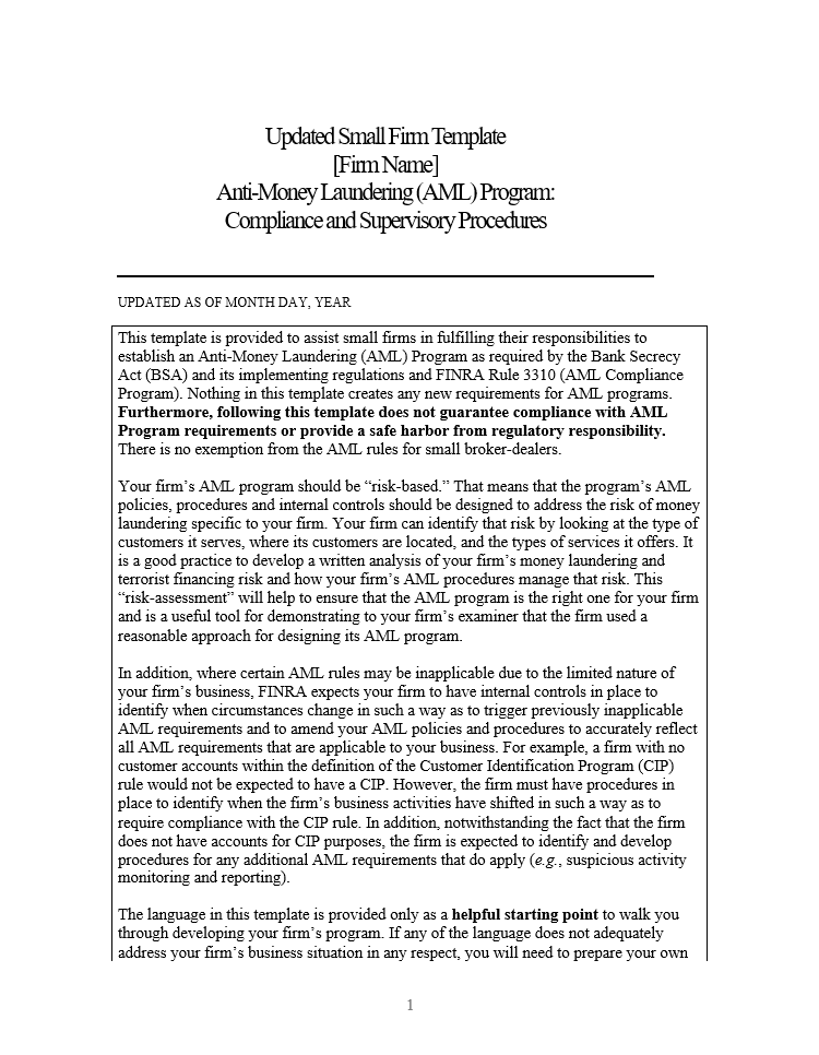 BD- FINRA Small Firm Anti-Money Laundering (AML) Template