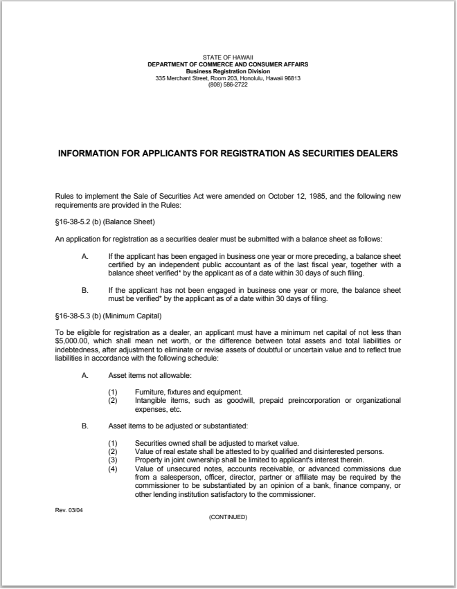 BD- Hawaii B-D Balance Sheet and Minimum Net Capital Verification Form