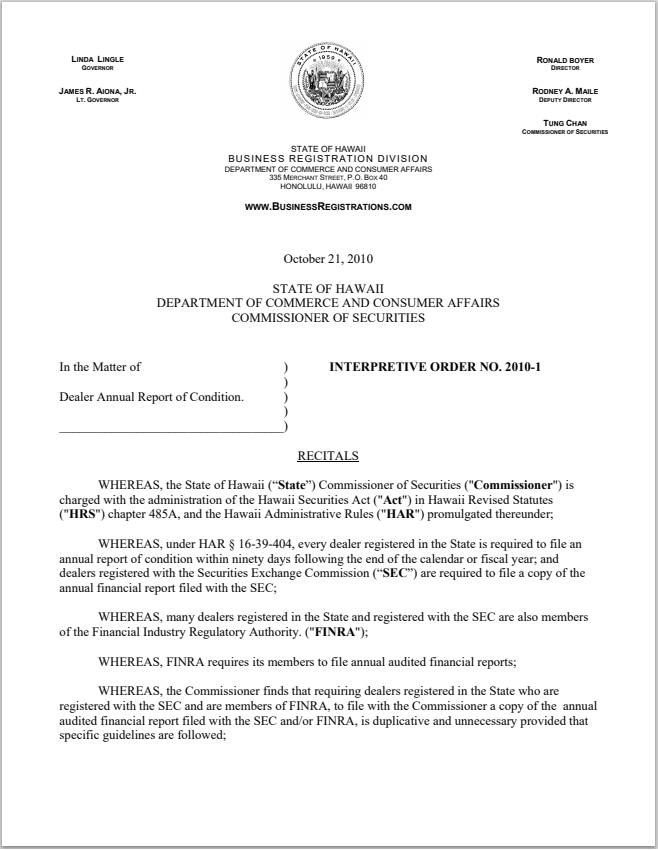 BD- Hawaii Broker-Dealer Annual Report of Financial Condition and Waiver Requirements