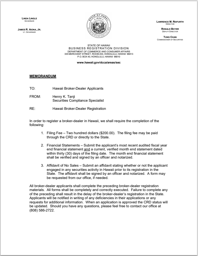 BD- Hawaii Broker-Dealer Registration Requirements and Affidavit of No Sales Form