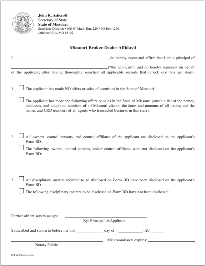 BD- Missouri Broker-Dealer Affidavit Form SBD-1