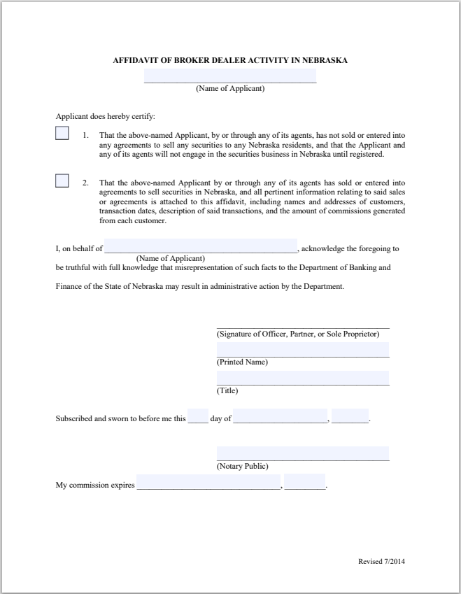 BD- Nebraska Broker-Dealer Affidavit of Activity Form