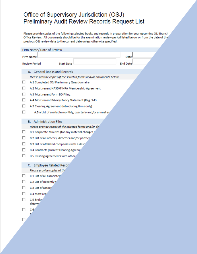 Broker-Dealer OSJ Branch Audit Records Request List (RRL)