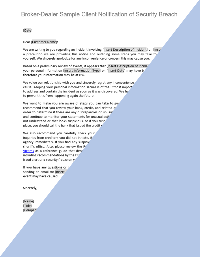 BD- Broker-Dealer Sample Client Notification of Security Breach