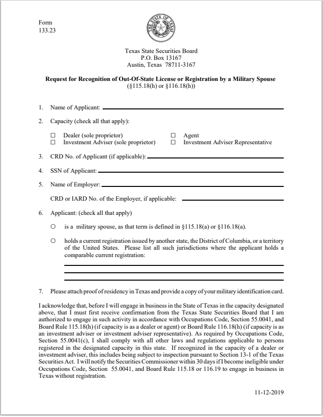BD- Texas B-D and B-D Agent Request for Recognition of Out-Of-State License or Registration by a Military Spouse Form 133.23