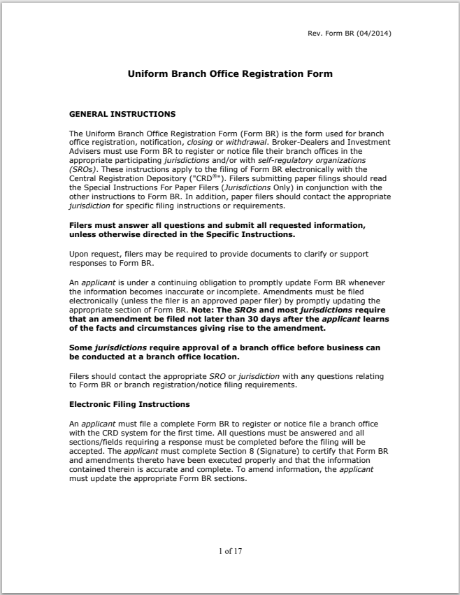 BD- FINRA Uniform Branch Office Registration Form (Form BR)