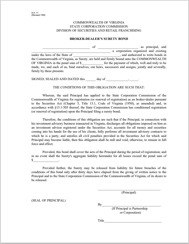 BD- State of Virginia Broker-Dealer Surety Bond Form