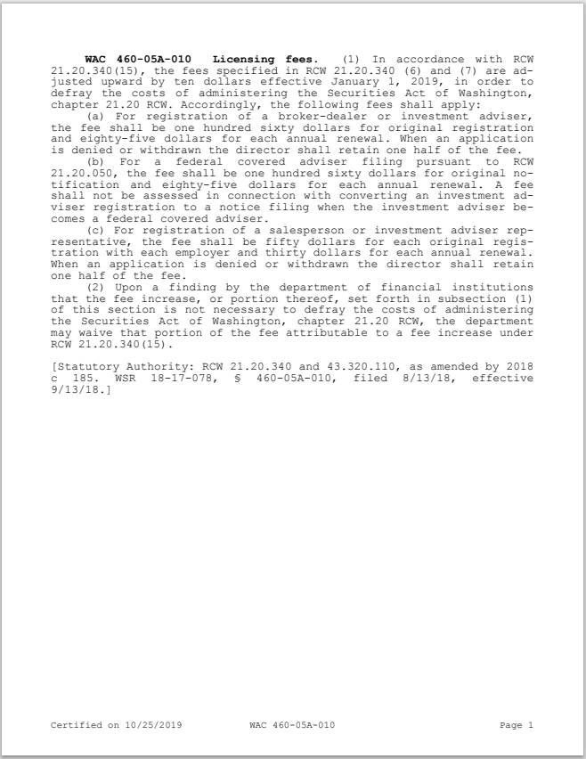 BD- Washington Broker-Dealer Licensing Fee Schedule