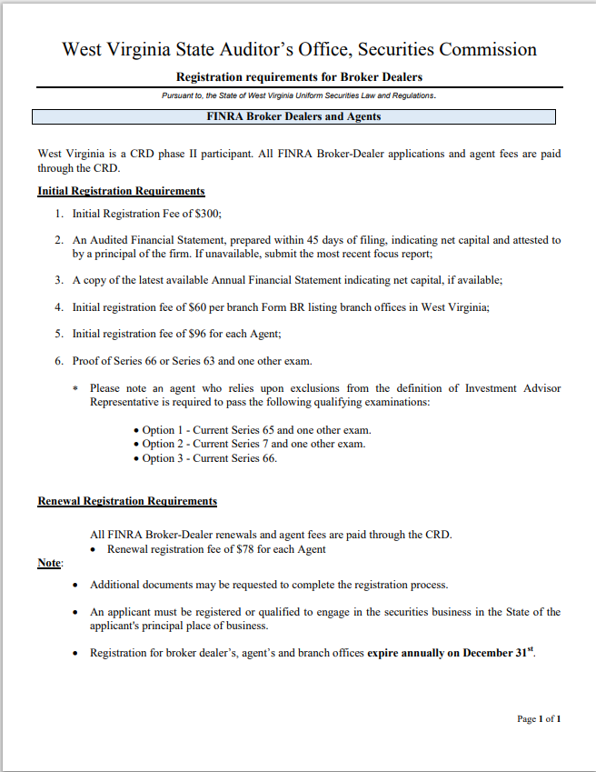 BD- West Virginia Broker-Dealer and Agent Registration Requirements