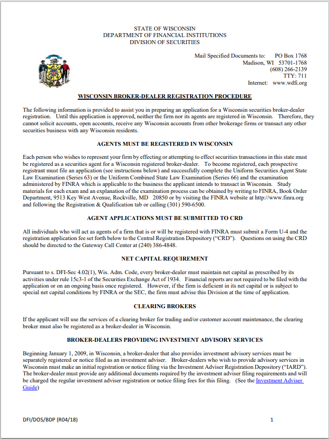BD- Wisconsin Broker-Dealer and Agent Registration Requirements