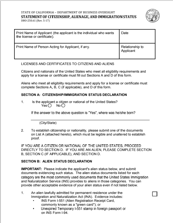 BD- California Stmt of Citizenship, Alienage, and Immigration (Form 250.61)