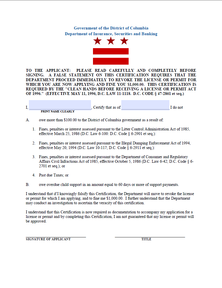 BD- District of Columbia (DC) Broker-Dealer Clean Hands Form