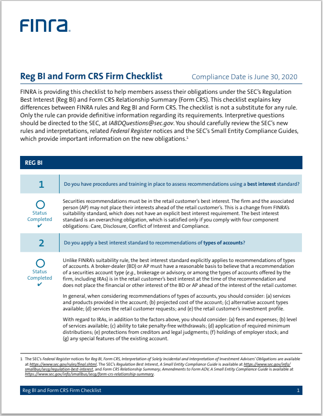 BD- FINRA Regulation Best Interest and Form CRS Firm Checklist