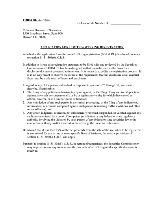 CO- Colorado Application for Limited Offering Registration Form-RL