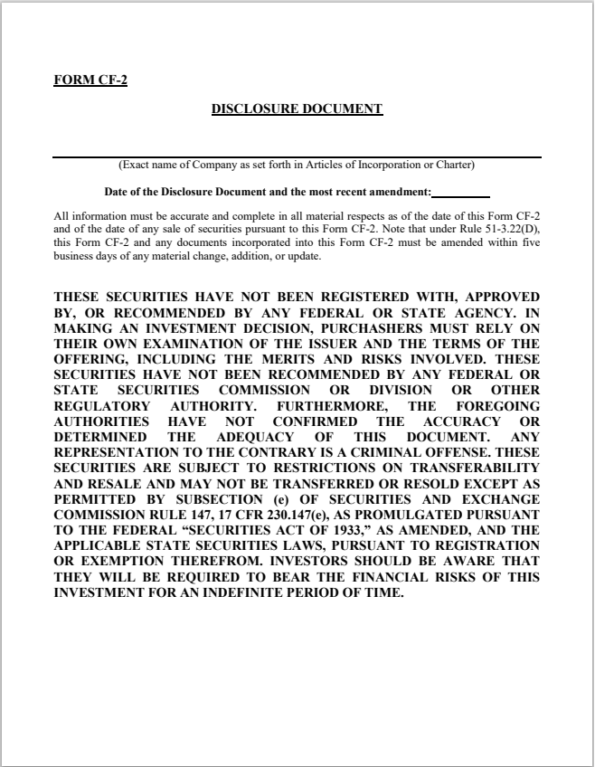 CO- Colorado Crowdfunding Disclosure Document Form CF-2