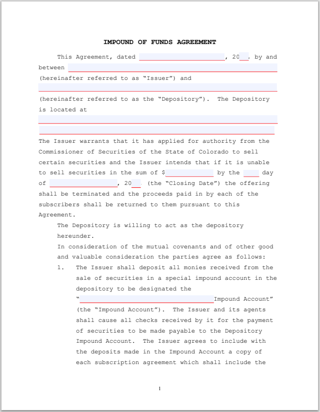 CO- Colorado Impound of Funds Agreement Escrow Form