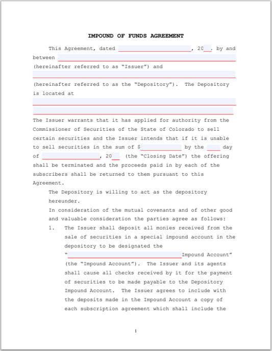 CO- Colorado Impound of Funds Agreement Escrow Form