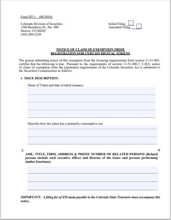 CO- Colorado Notice of Claim of Exemption from Reg. for Certain Digital Tokens Form DT-1
