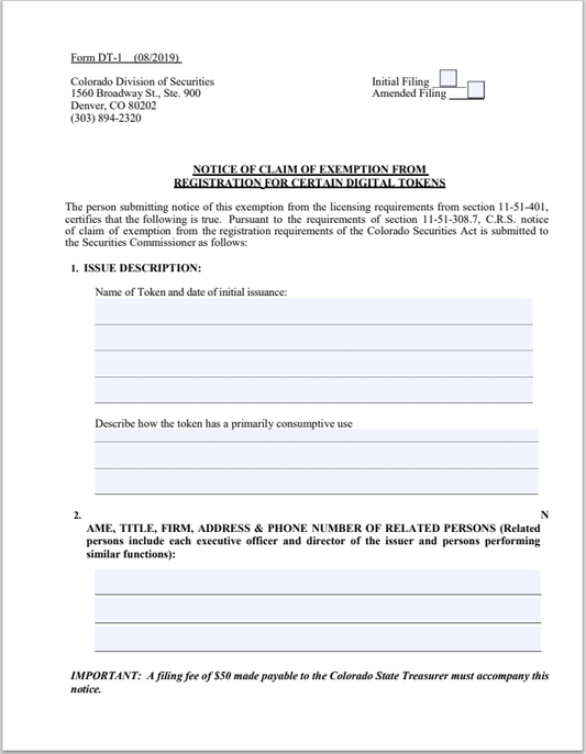 CO- Colorado Notice of Claim of Exemption from Reg. for Certain Digital Tokens Form DT-1
