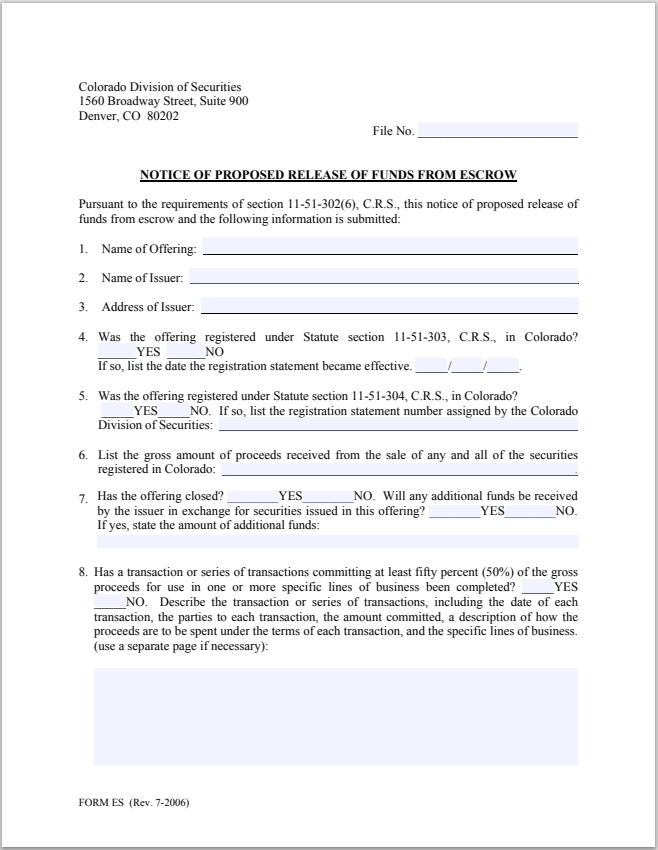 CO- Colorado Notice of Proposed Release of Funds from Escrow Form-ES