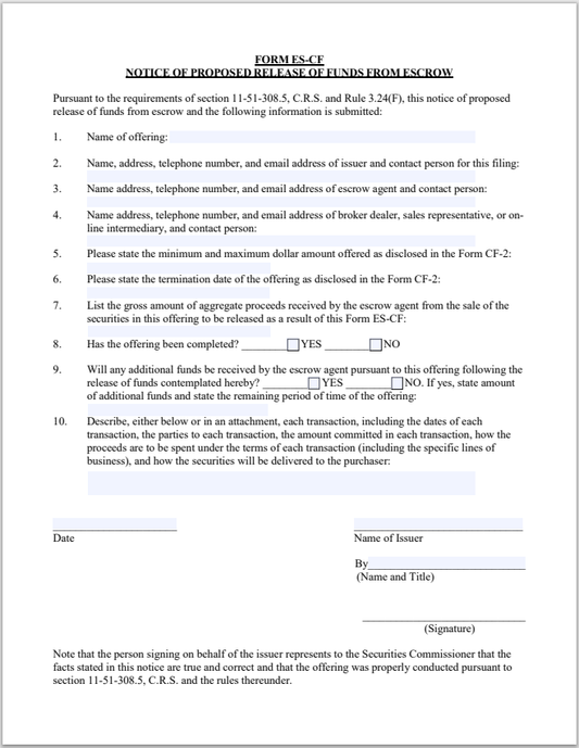 CO- Colorado Notice of Proposed Release of Funds from Escrow Form ES-CF