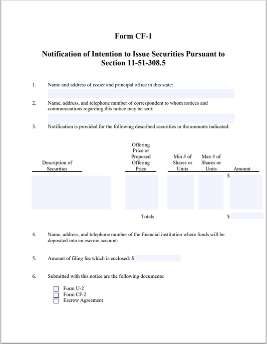 CO- Colorado Notification of Intention to Issue Securities Form CF-1