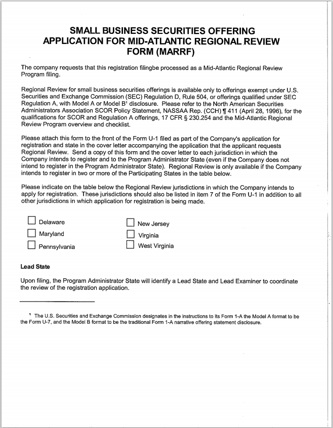DE- Delaware Small Business Sec. Offering App. for Mid-Atlantic Regional Review Form- MARRF