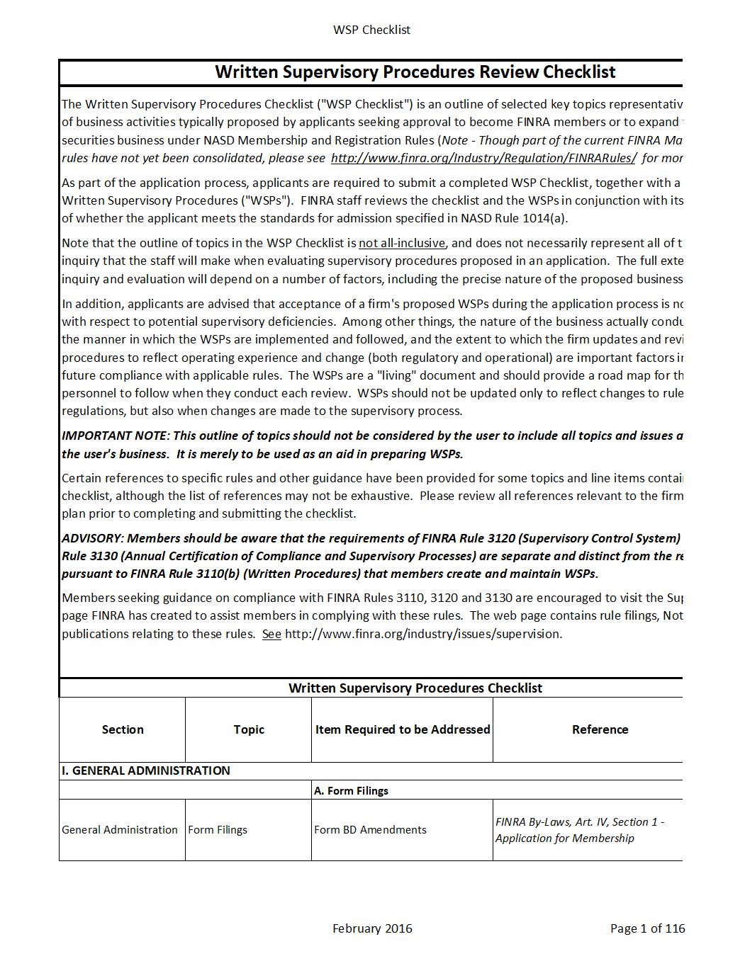BD- FINRA Broker-Dealer Written Supervisory Procedures Checklist