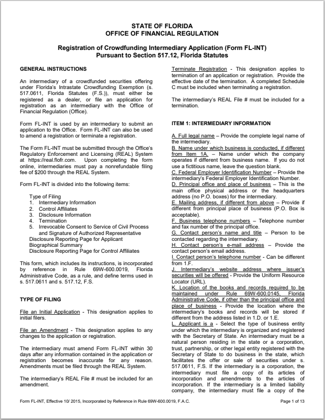FL- Florida Registration of Crowdfunding Intermediary Application Form FL-INT