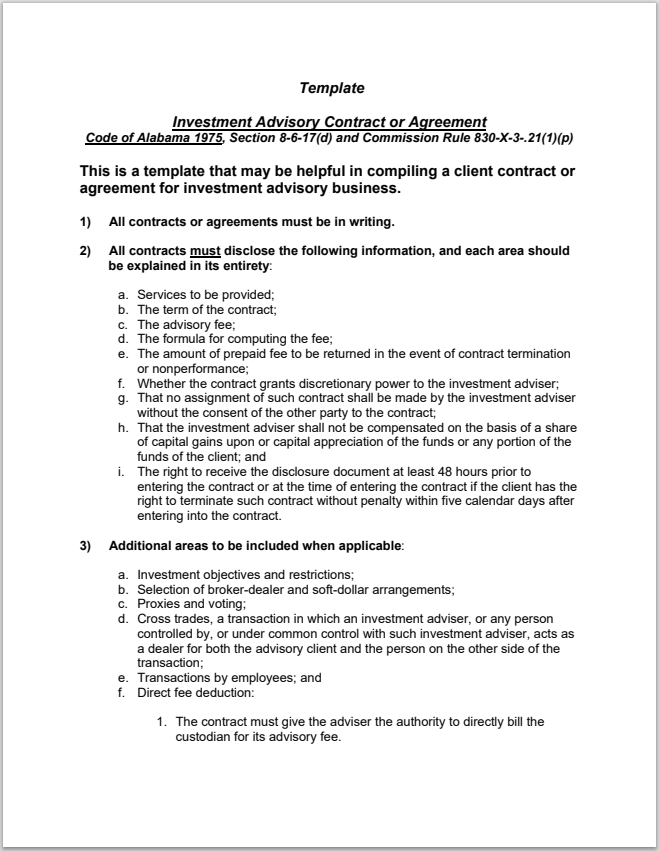 IA- Alabama Investment Adviser Client Agreement Sample Template