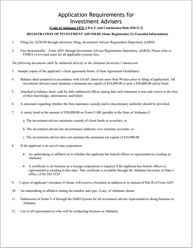 IA- Alabama Investment Adviser In-State Registration Requirements