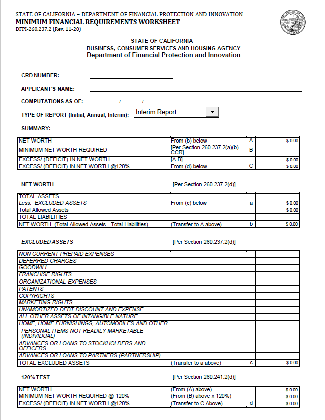 IA- California Minimum Financial Requirements Worksheet (Form 260.237.2)