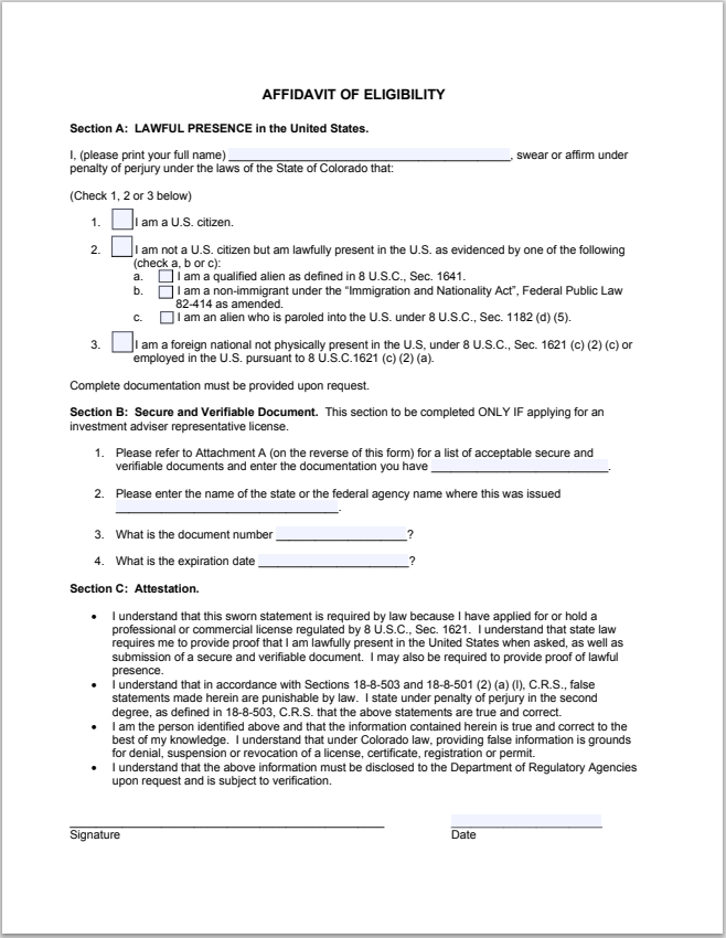 IA- Colorado Investment Adviser Representative Affidavit of Eligibility Form U-AE